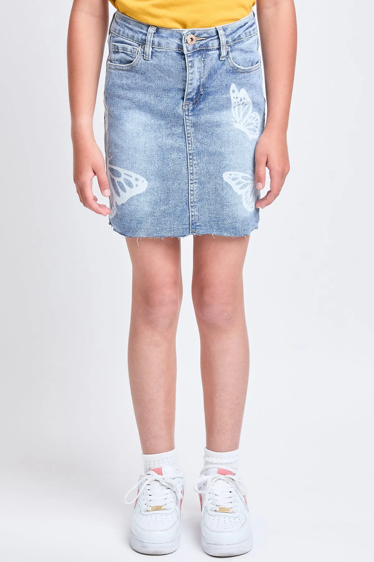 Girls Butterfly Print Raw Hem Mini Denim Skirt