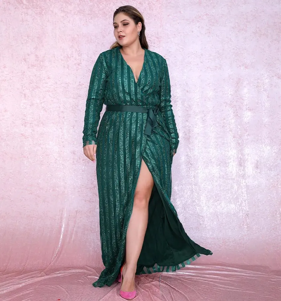 Green Deep V-neck Stripes Glitter Glued Cross Maxi Dress