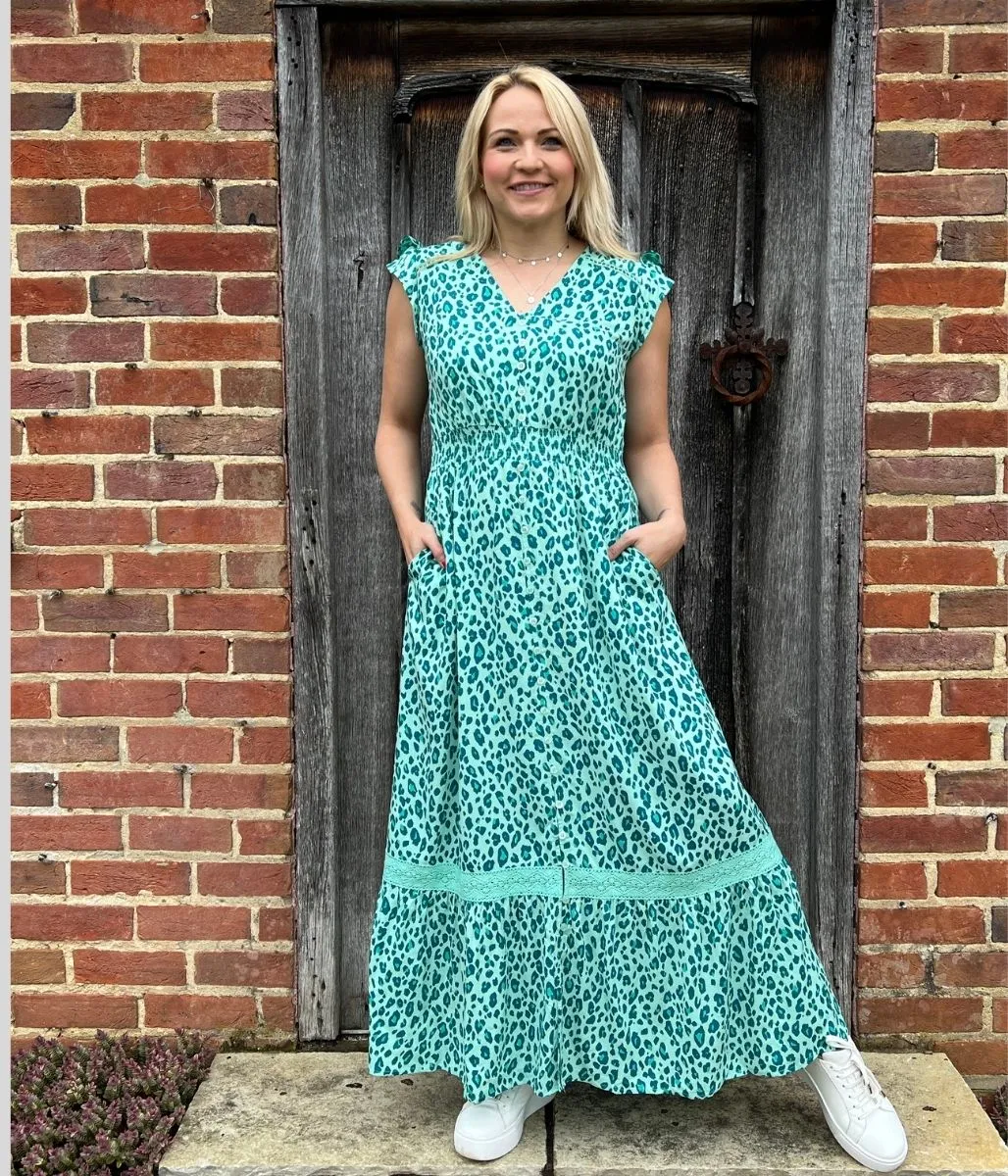 Green Leopard Curve Print Maxi Dress