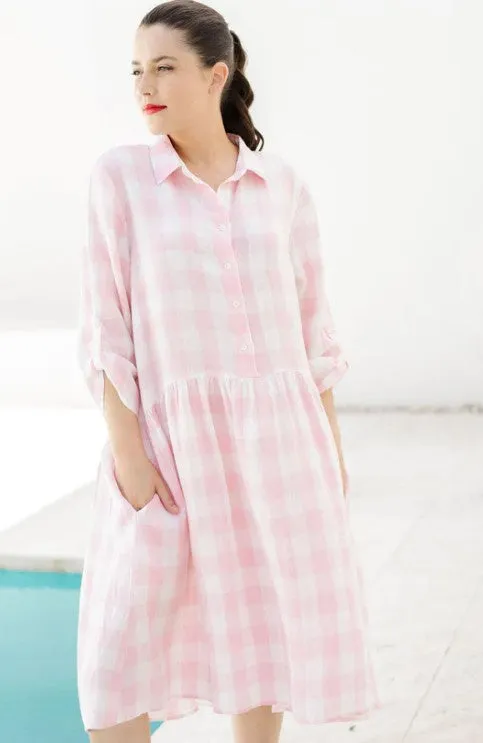 Halle Linen Gingham Dress - Pale Pink