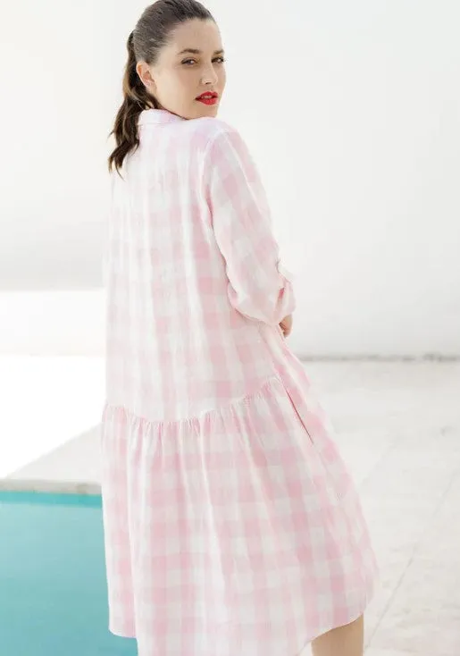 Halle Linen Gingham Dress - Pale Pink