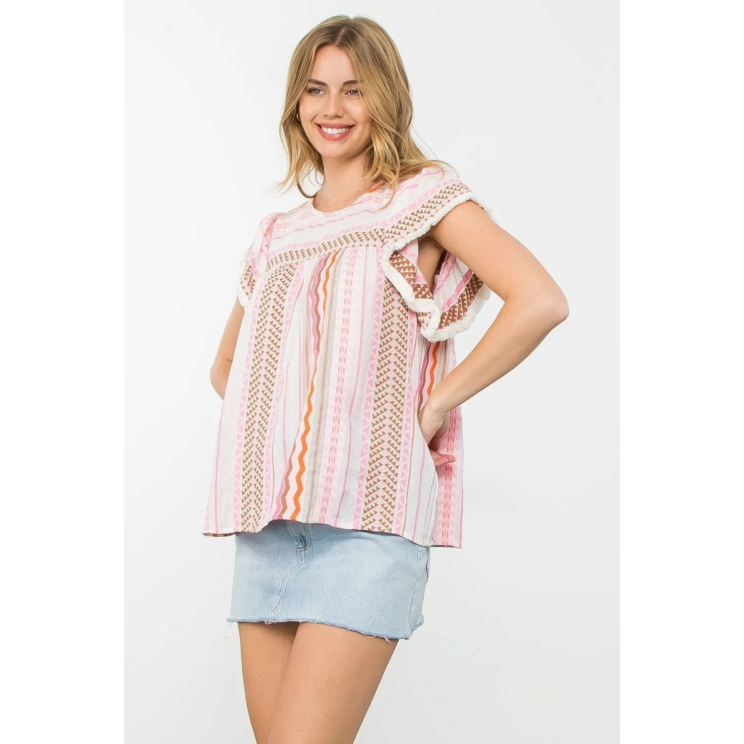 Hallie Stripe Pattern Flutter Sleeve THML Top-SALE