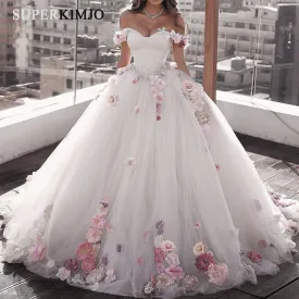 handmade flowers ball gown wedding dresses 2020 beaded sparkle elegant off the shoulder wedding gown