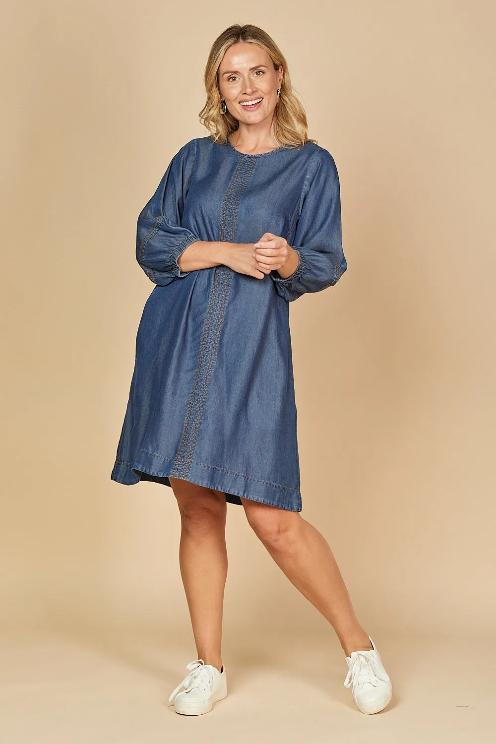 Hazel Short Shift Tencel Dress in Mid Wash