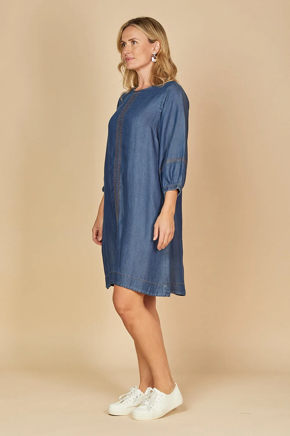 Hazel Short Shift Tencel Dress in Mid Wash