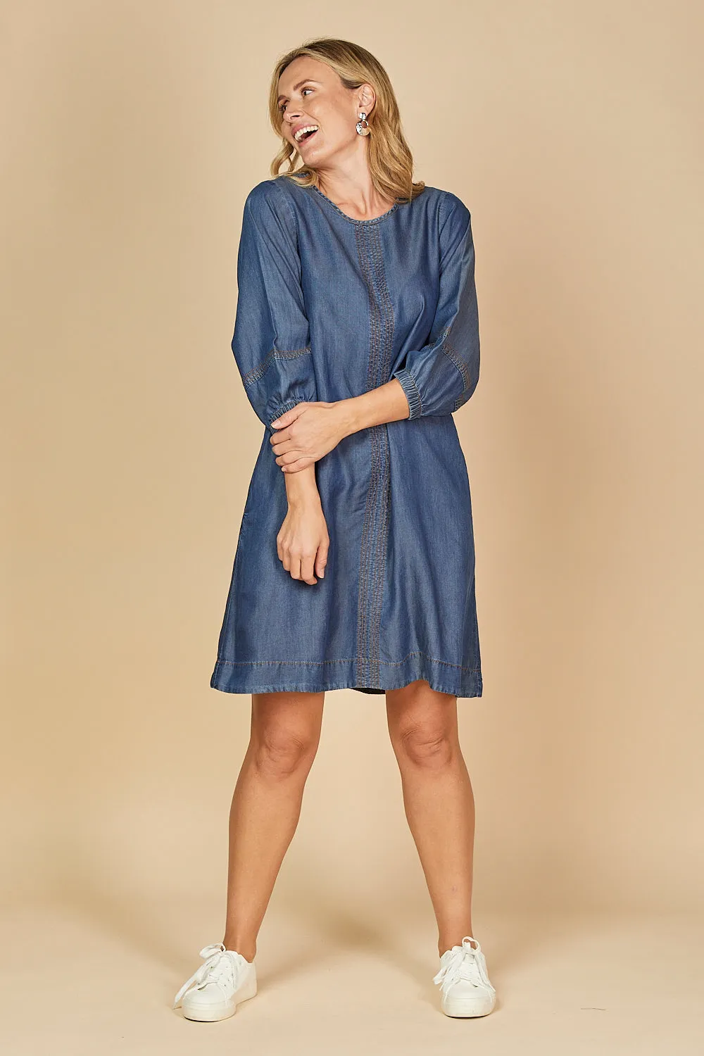 Hazel Short Shift Tencel Dress in Mid Wash