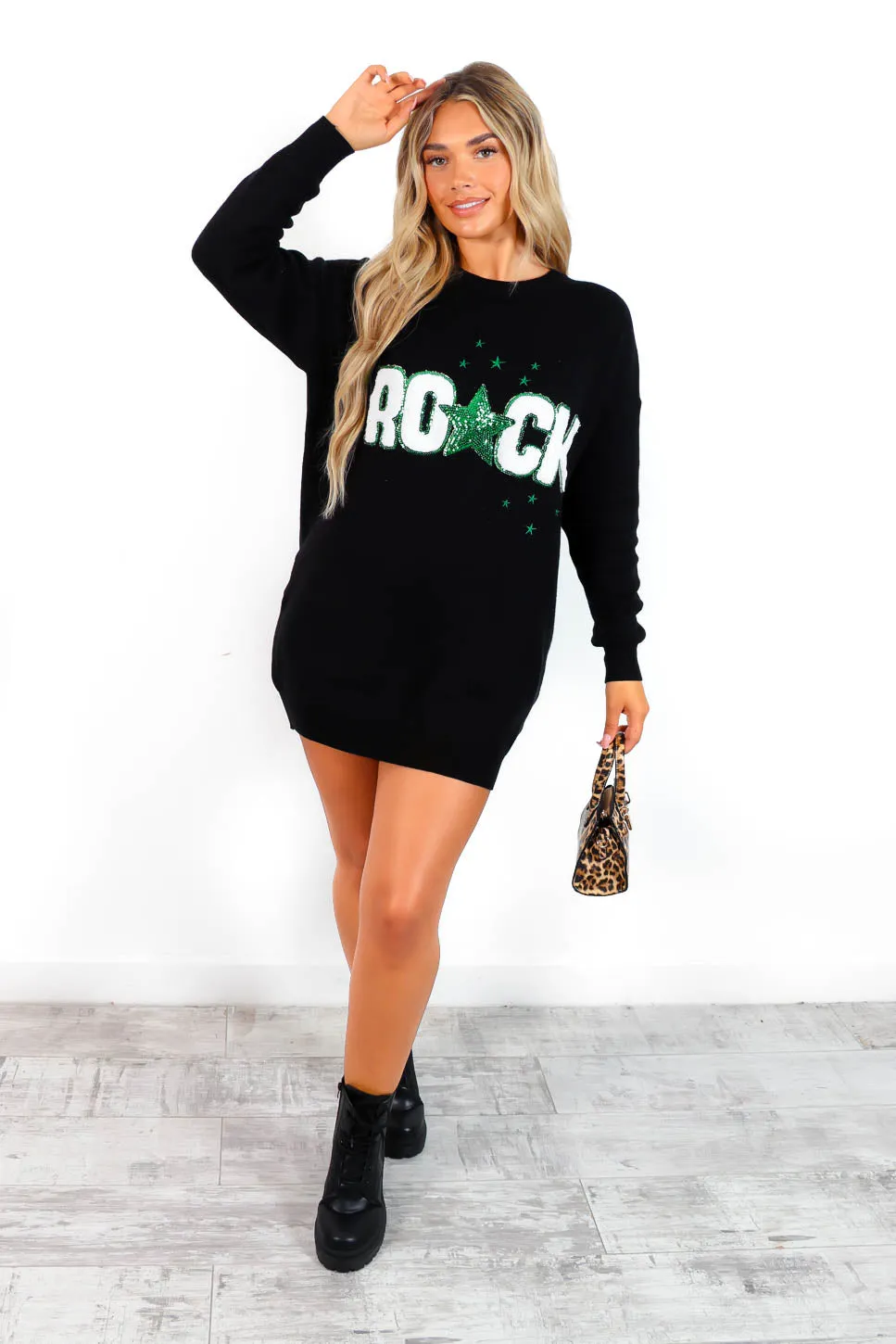 I Wanna Rock - Black Green Rock Sequin Knitted Dress