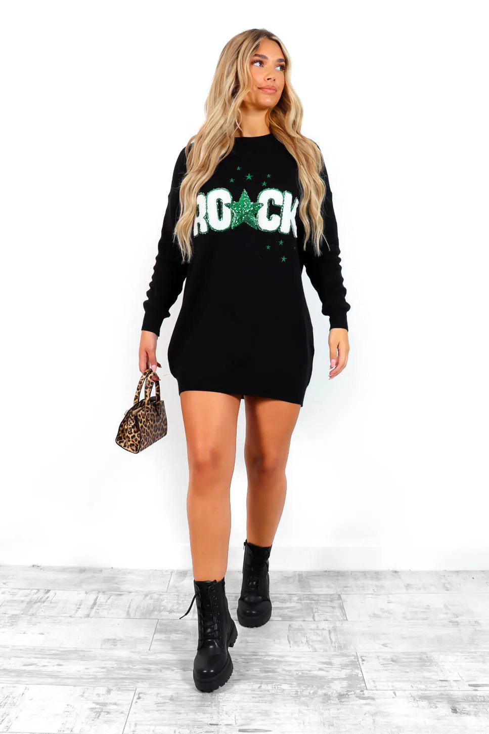 I Wanna Rock - Black Green Rock Sequin Knitted Dress