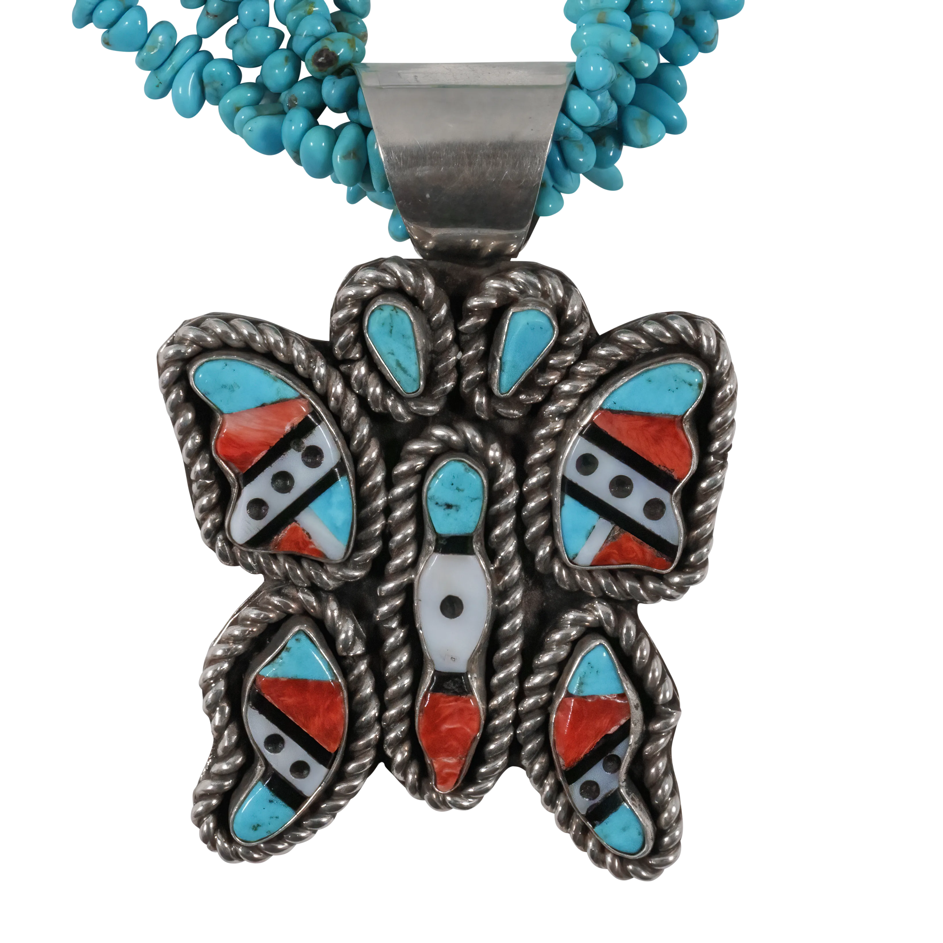 Jet, Spiny Oyster Shell, Dolomite, & Sleeping Beauty Turquoise Butterfly Necklace | Zuni Handmade