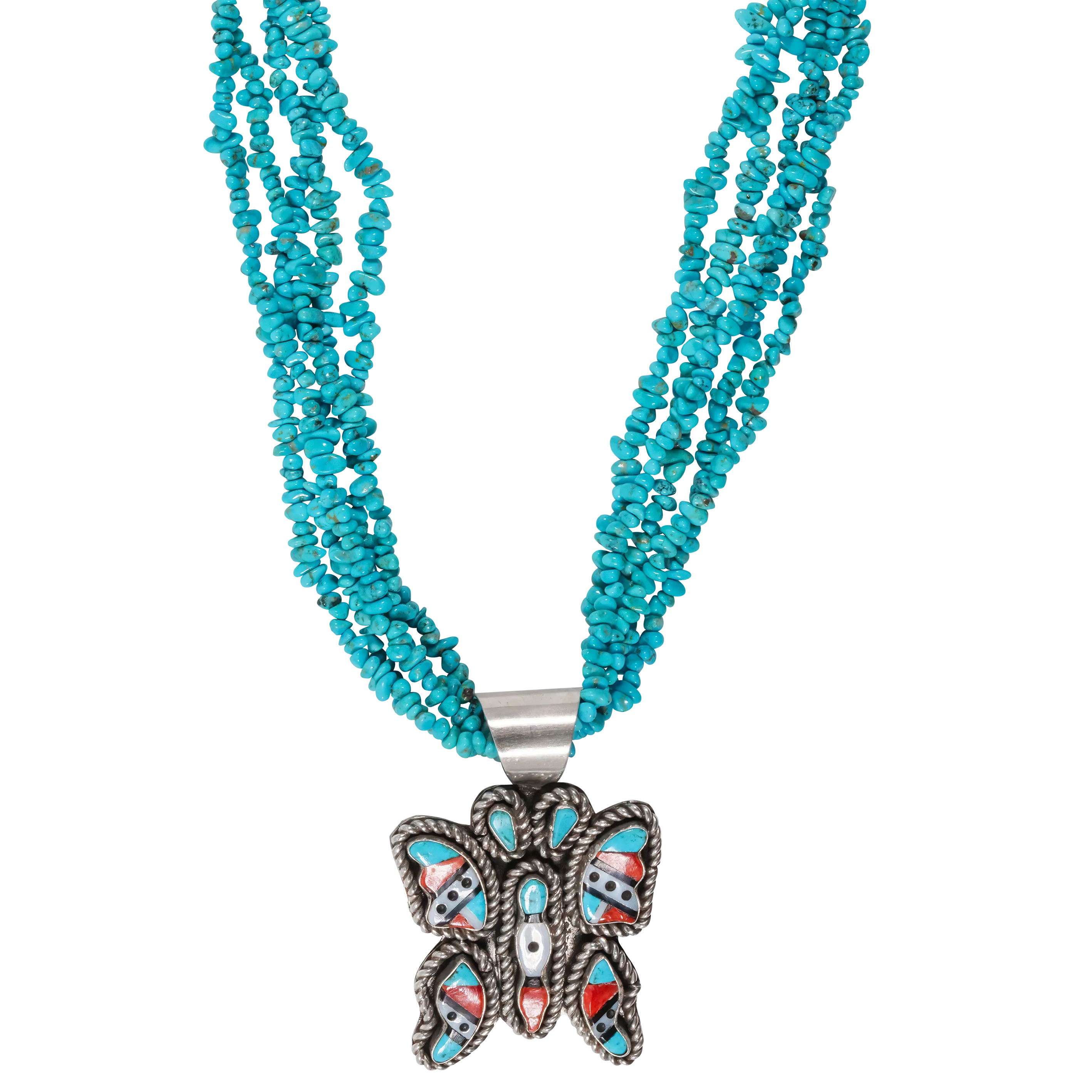 Jet, Spiny Oyster Shell, Dolomite, & Sleeping Beauty Turquoise Butterfly Necklace | Zuni Handmade