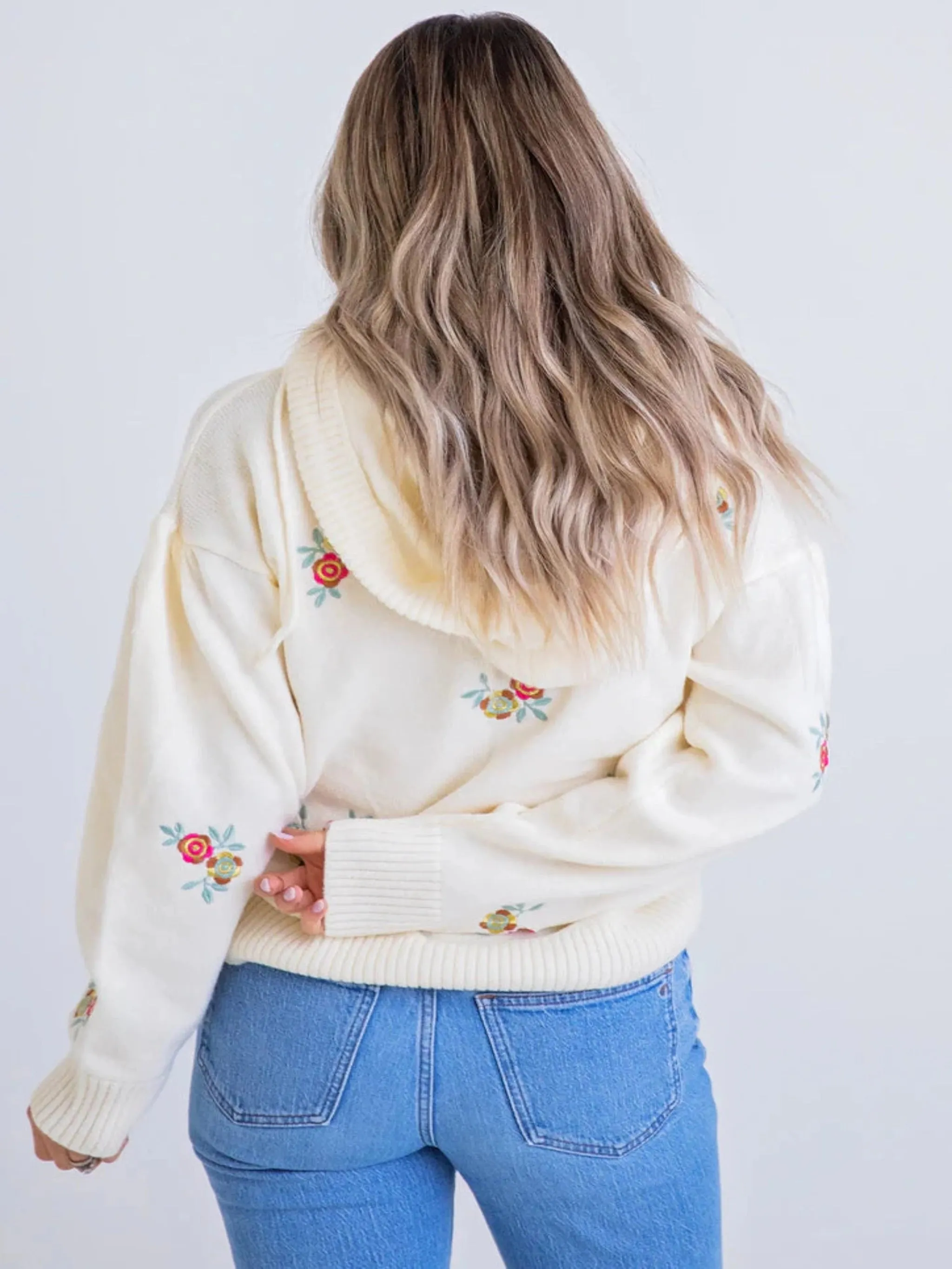 Karlie Floral Novelty Sweater Hoodie - Ivory