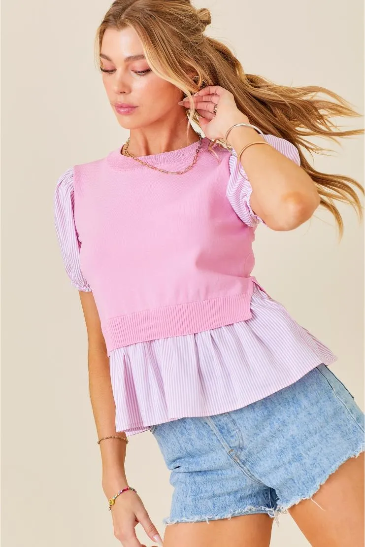 Knit & Pin Striped Contrast Short Sleeve - Pink