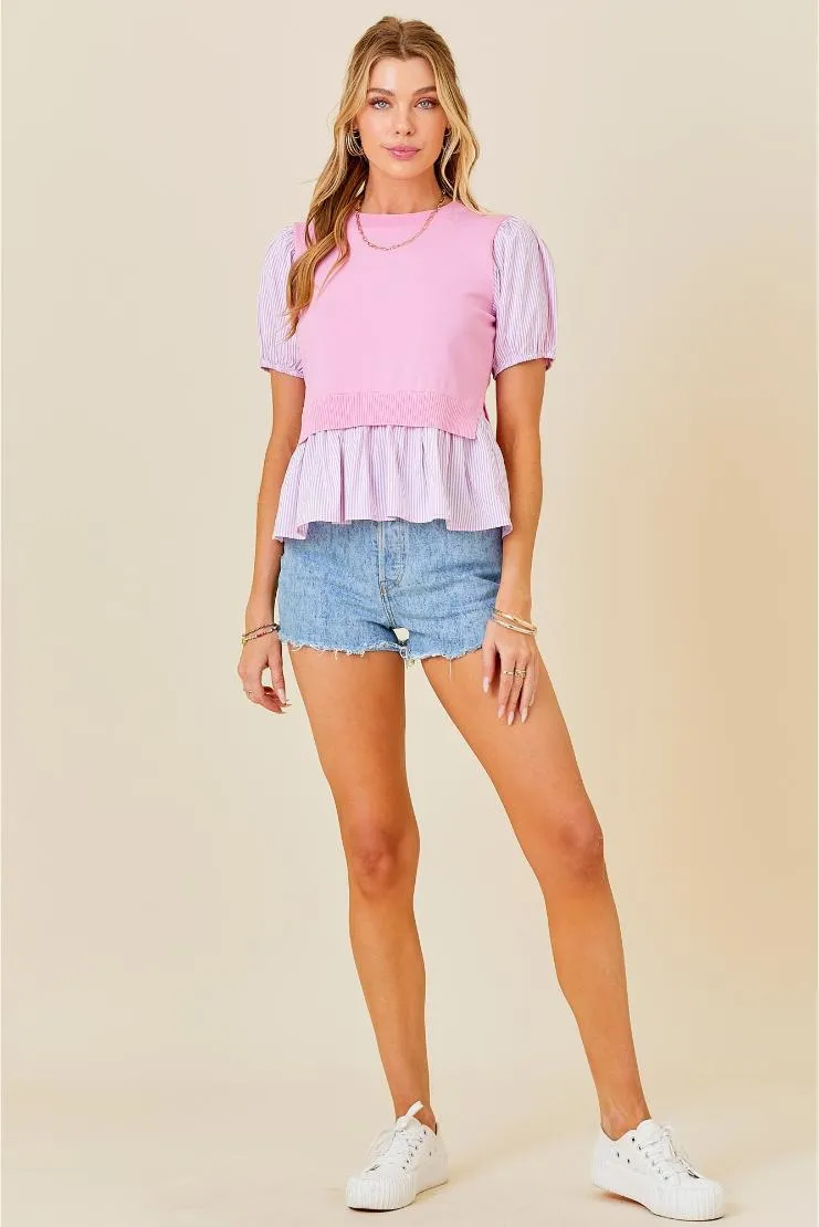 Knit & Pin Striped Contrast Short Sleeve - Pink