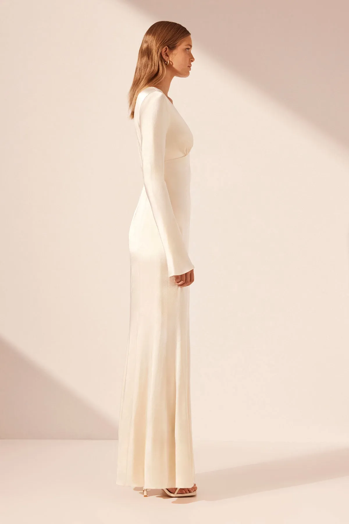 La Lune Cream Maxi Dress with Panelled Details - Fully Lined