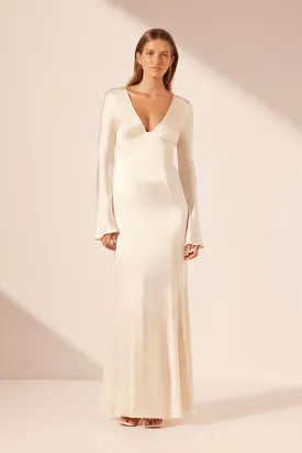 La Lune Cream Maxi Dress with Panelled Details - Fully Lined