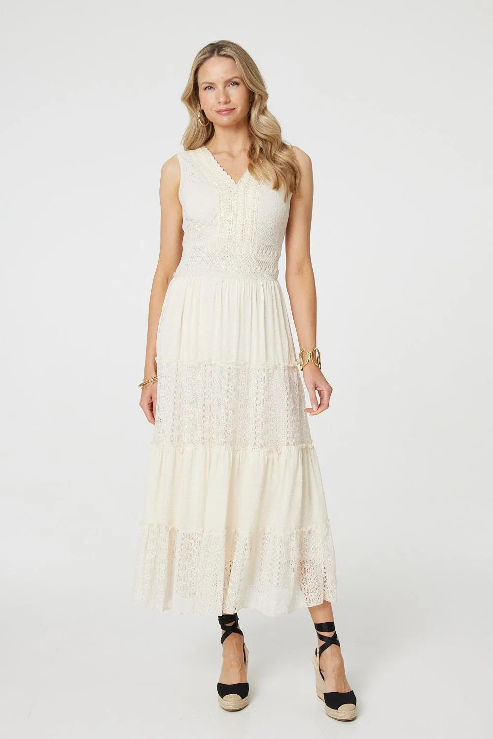 Lace Detail Sleeveless Tiered Maxi Dress