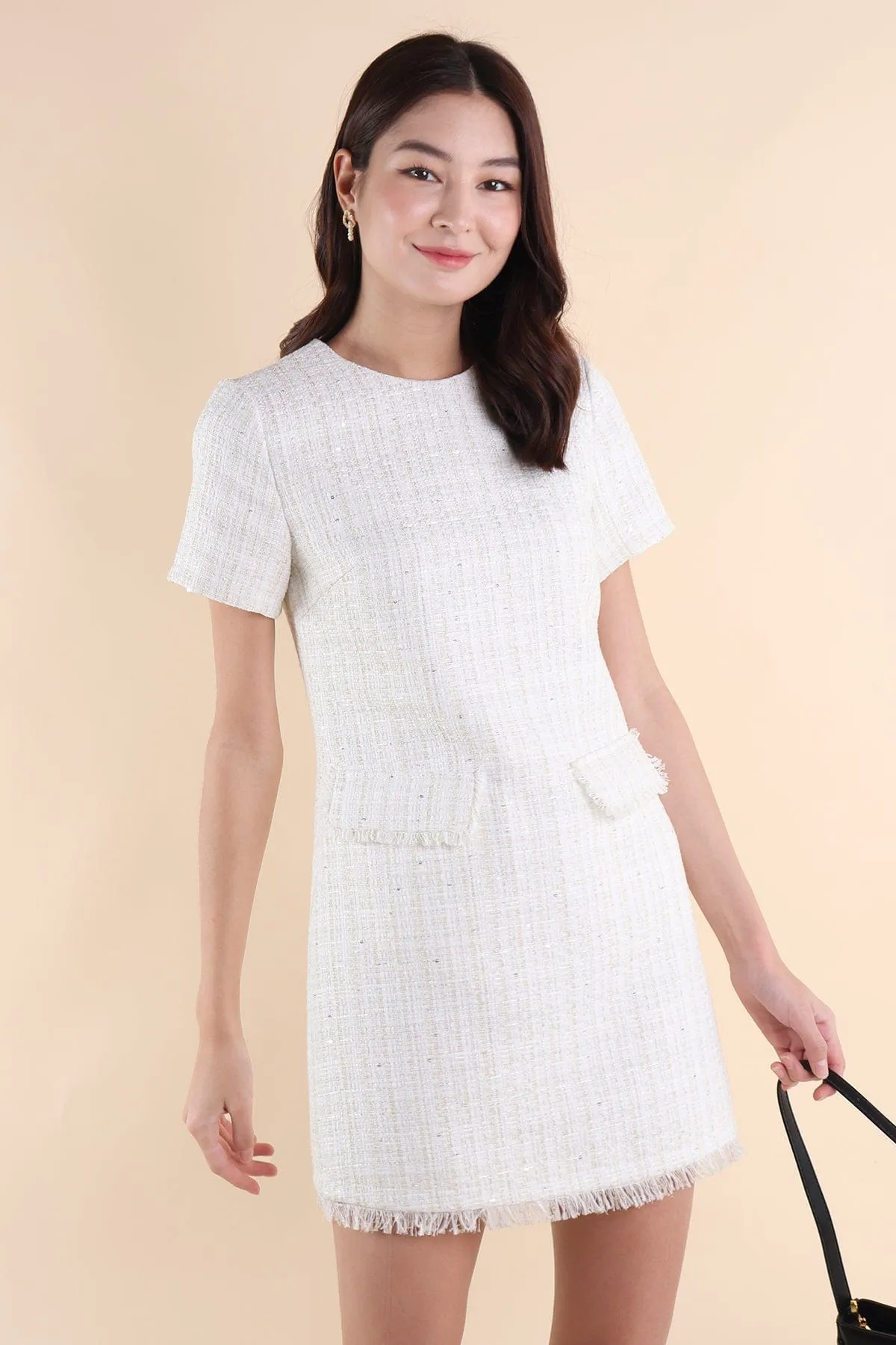 LEIGH TWEED SHIFT DRESS IN WHITE