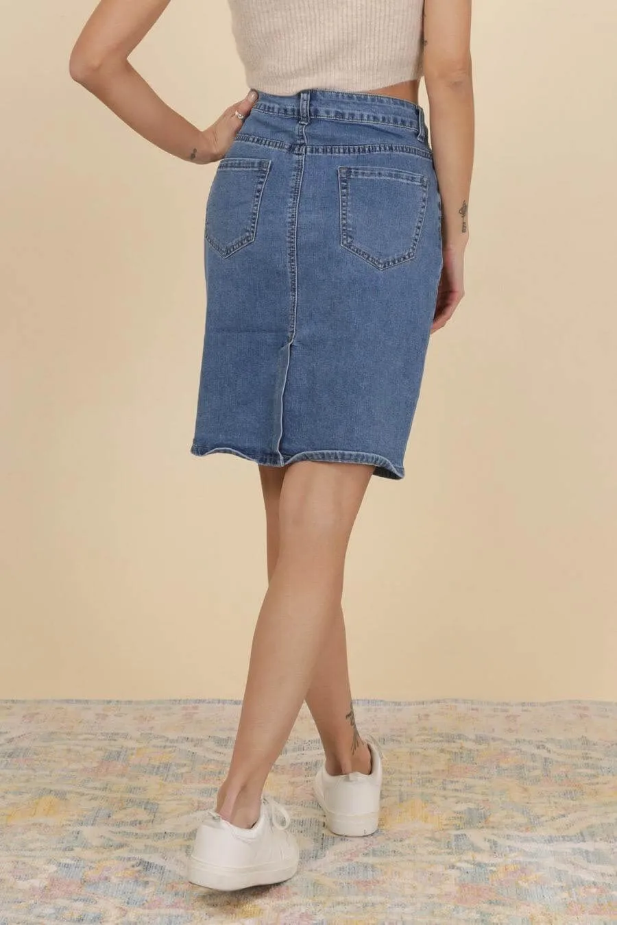 Light Wash Knee Length Denim Skirt