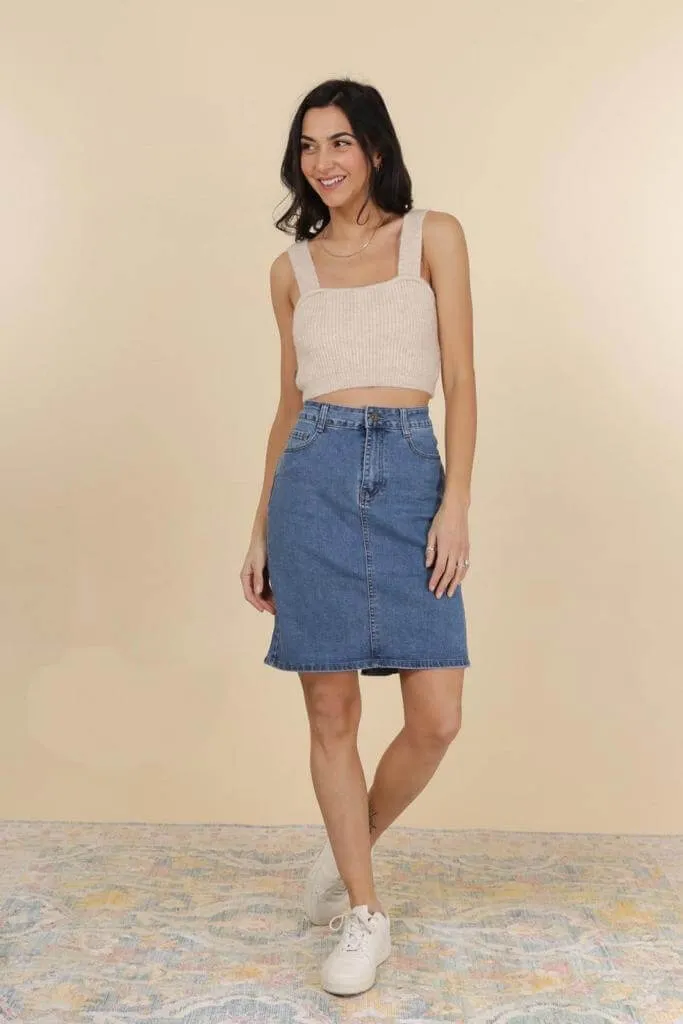 Light Wash Knee Length Denim Skirt