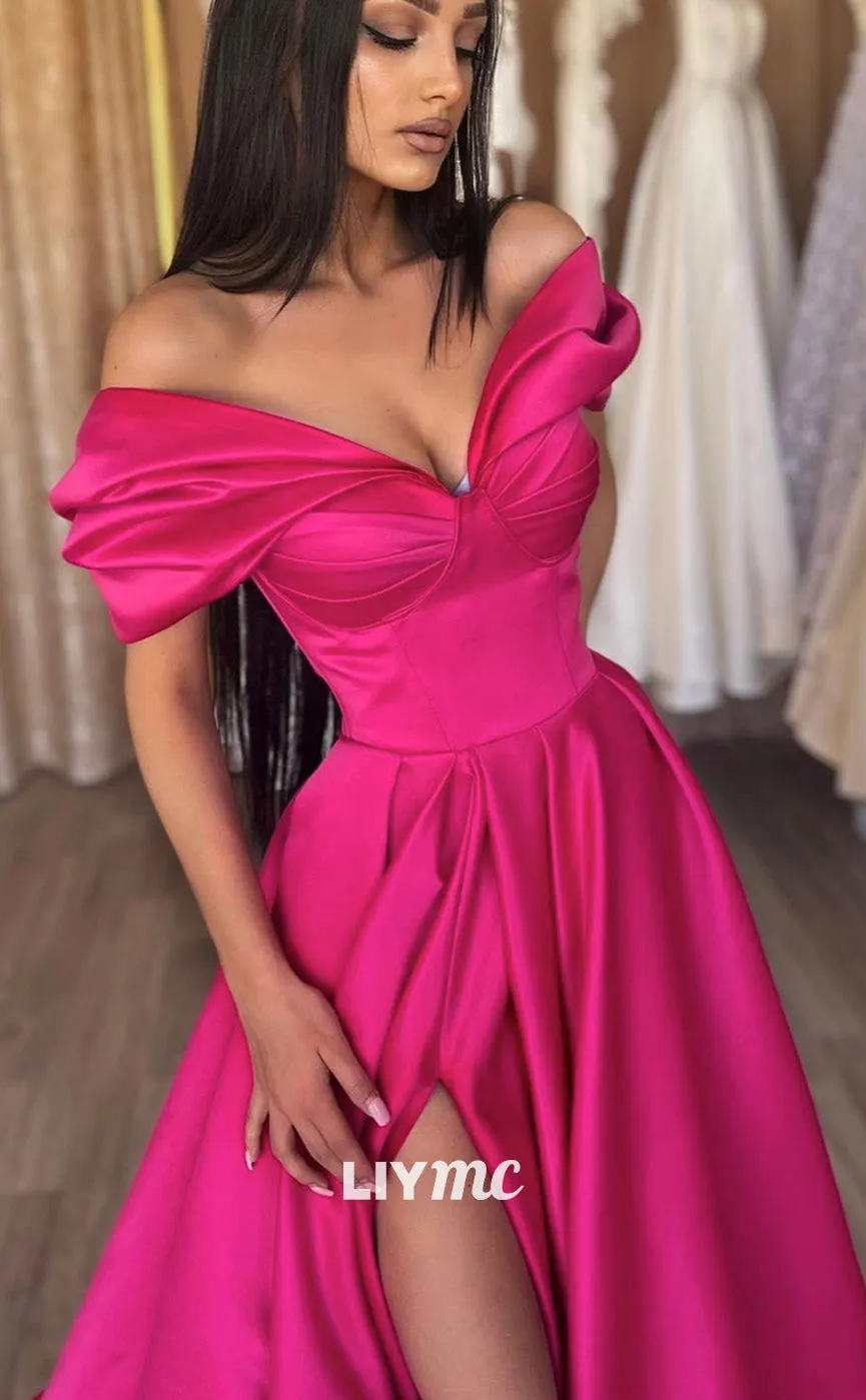 LP1914 - Elegant v neck off shoulder satin long prom dress, formal evening dress