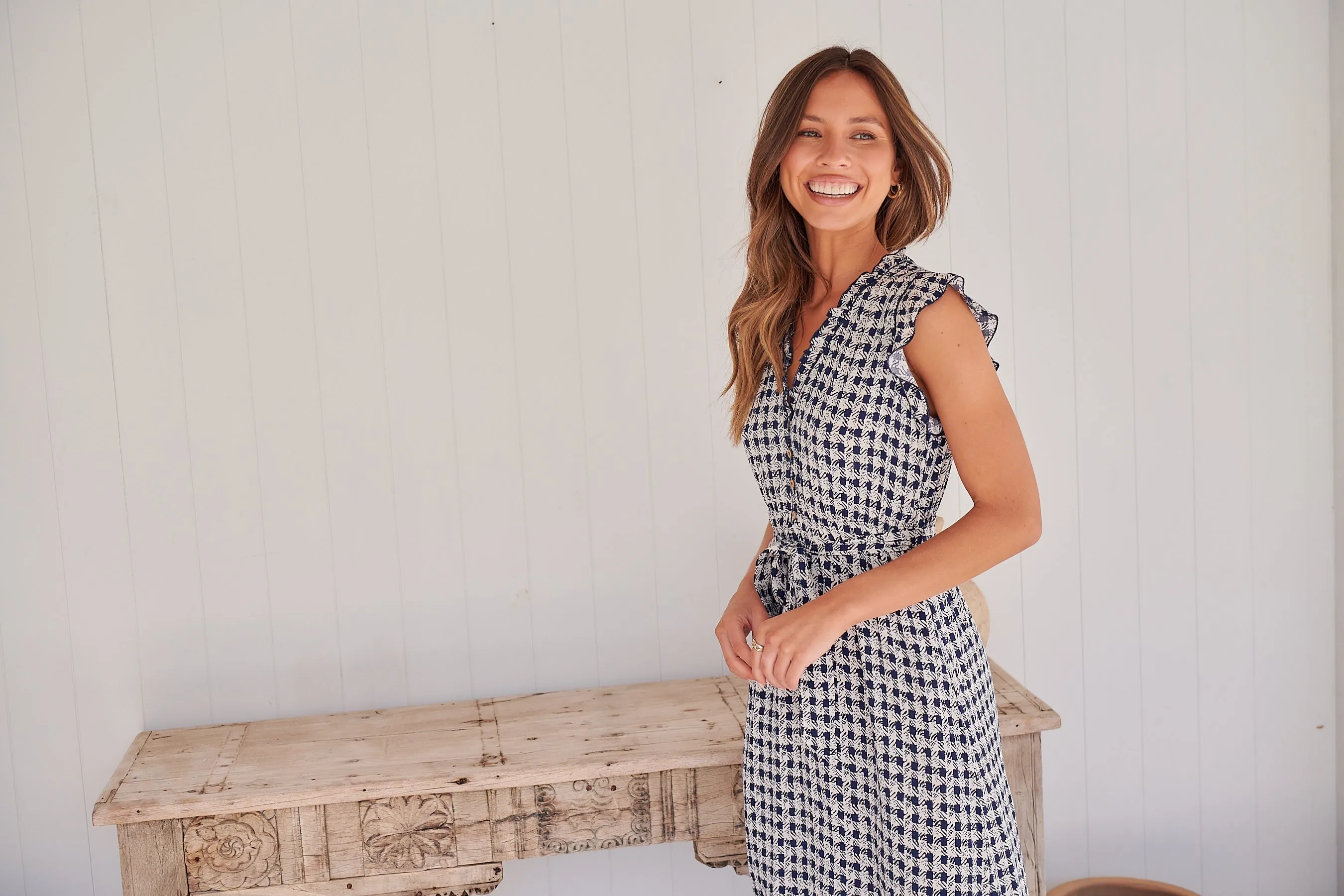 Maggie Blue/White Gingham Print Midi Dress