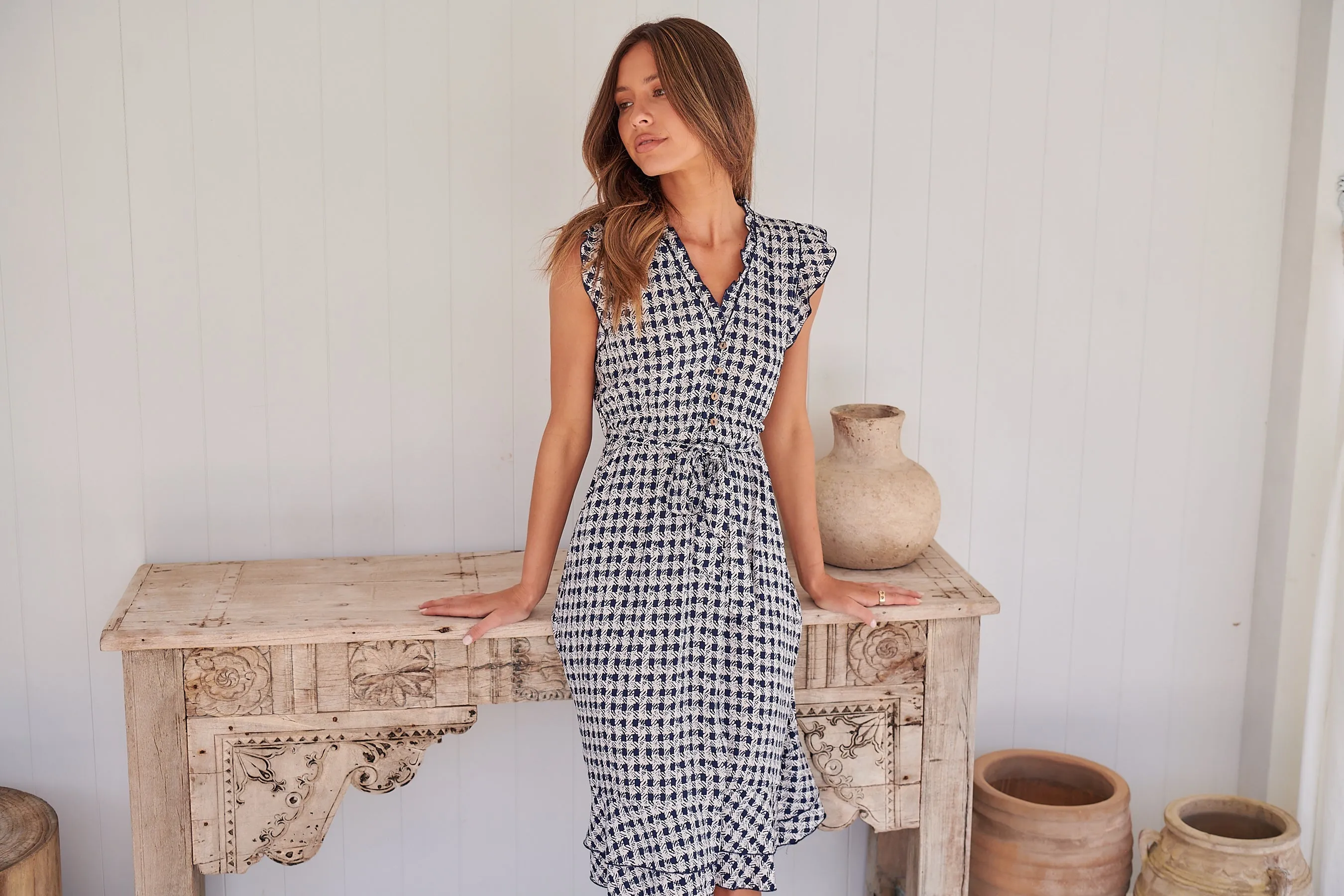 Maggie Blue/White Gingham Print Midi Dress