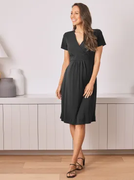 Maternity Crossover Neckline Tie Back Jersey Work Dress in Black