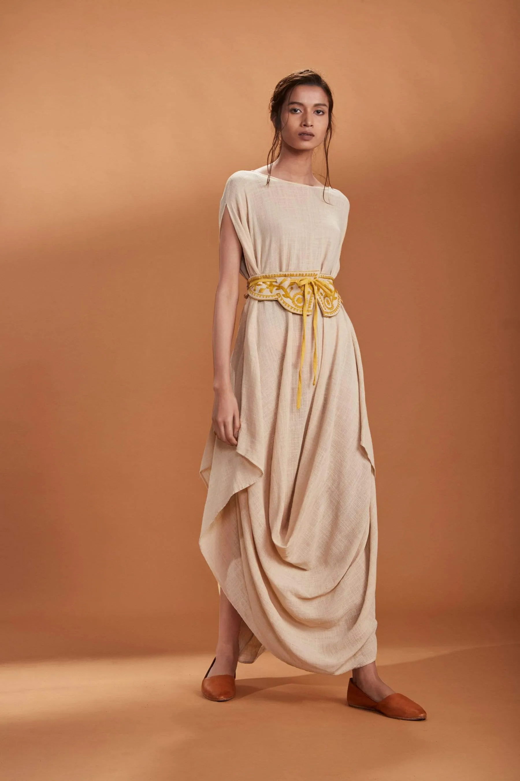 MATI IVORY COWL DRESS WITH A BELT