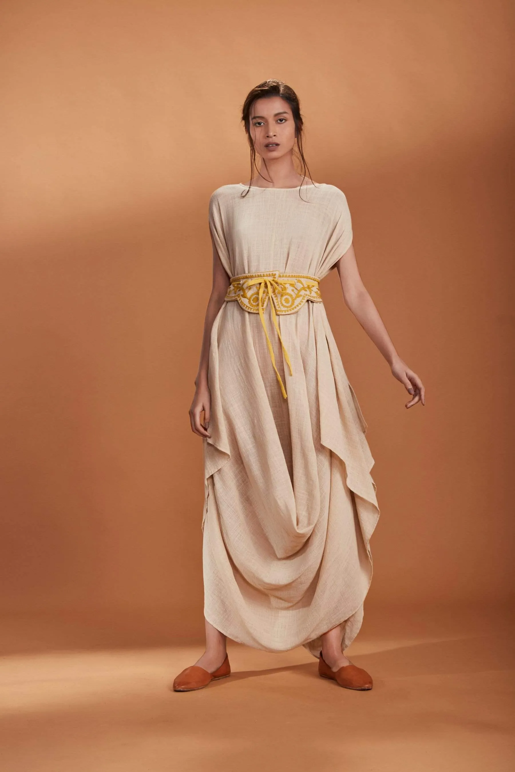 MATI IVORY COWL DRESS WITH A BELT