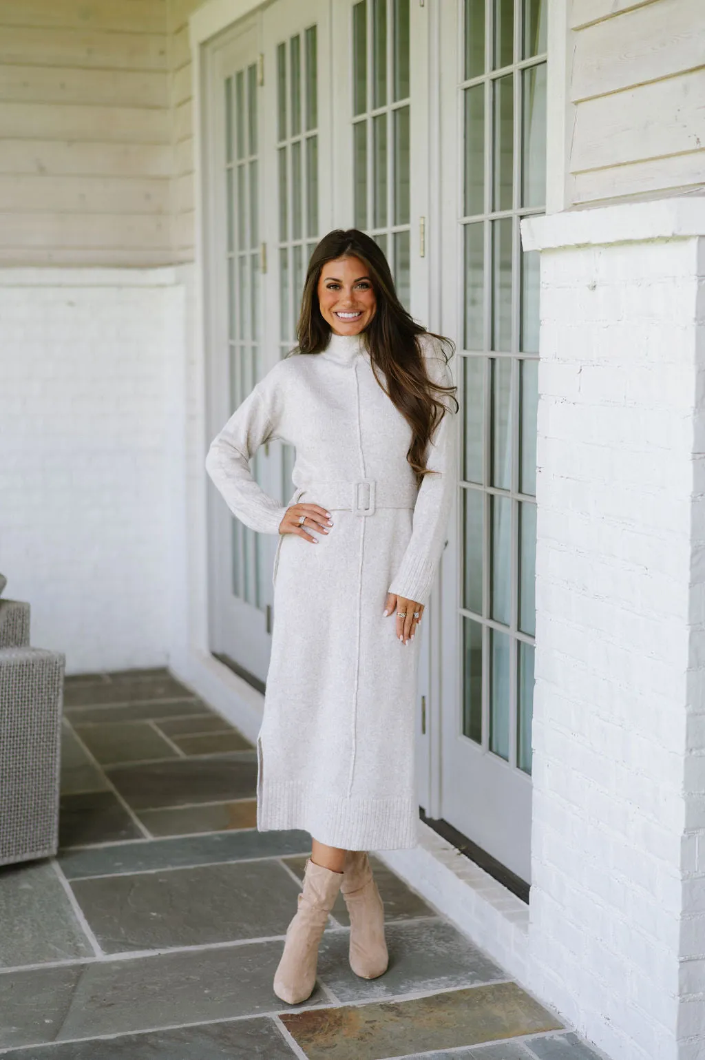 Melania Belted Sweater Dress-Oatmeal