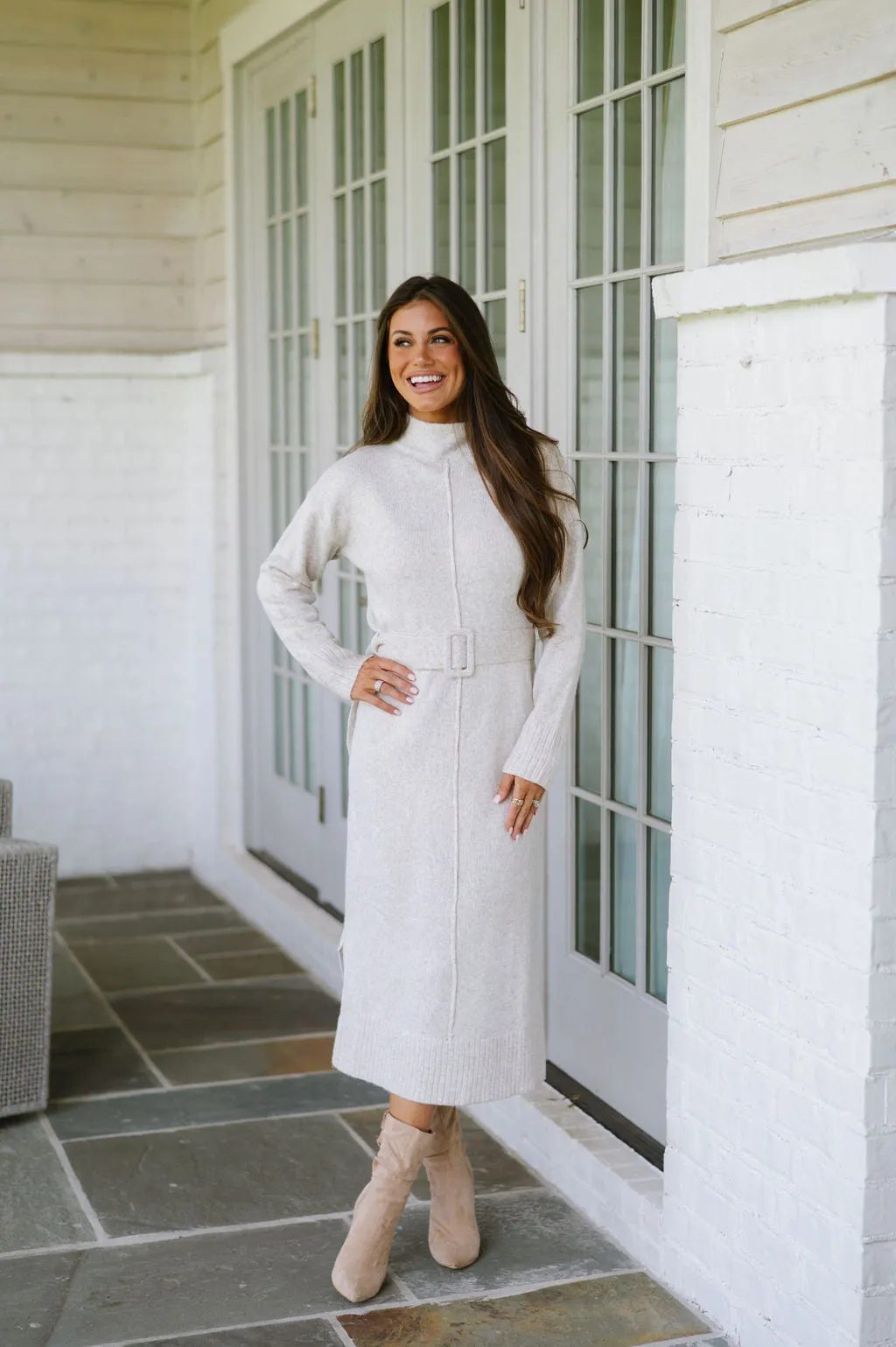 Melania Belted Sweater Dress-Oatmeal