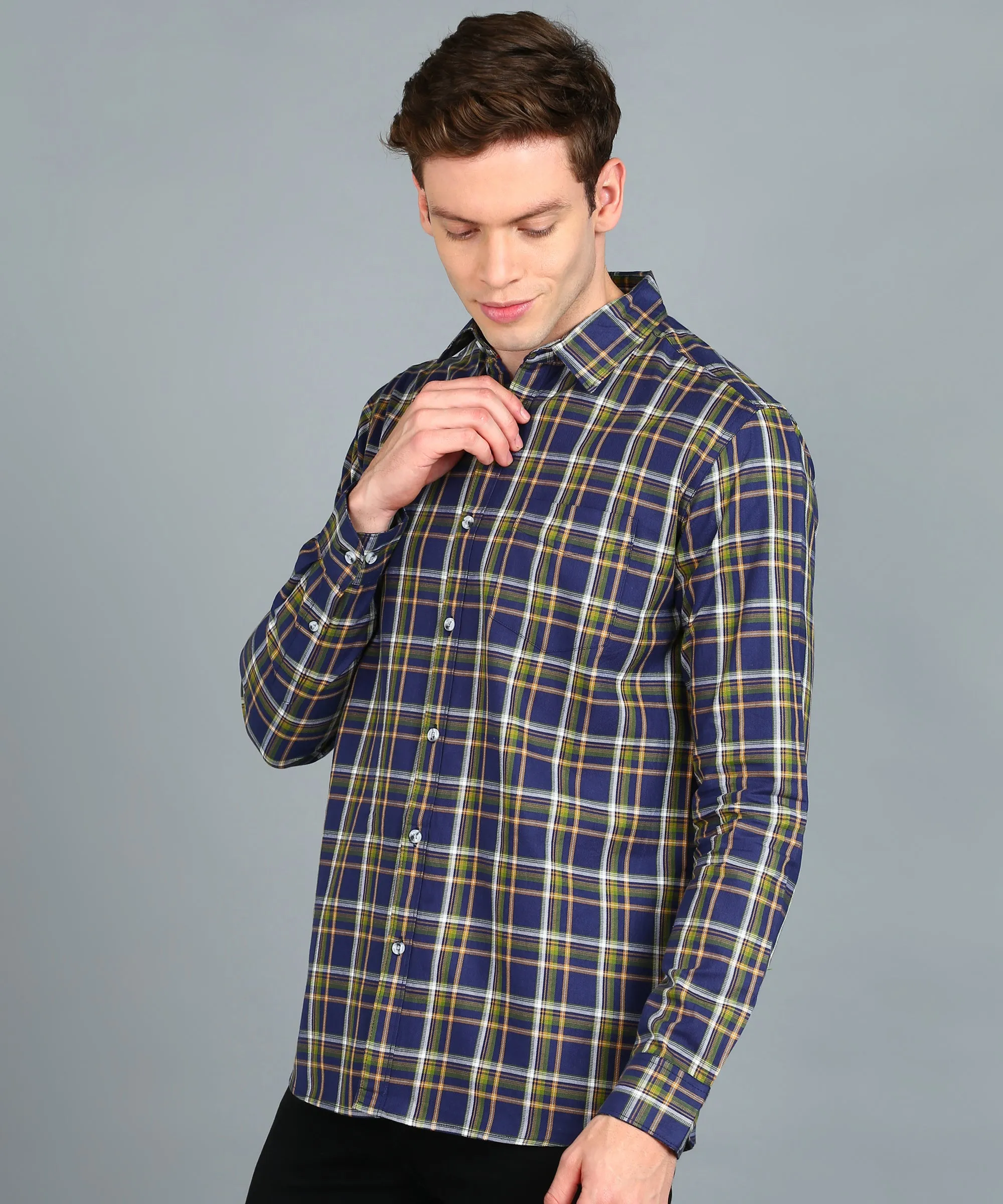 Men's Blue Cotton Full Sleeve Slim Fit Casual Checkered Shirt