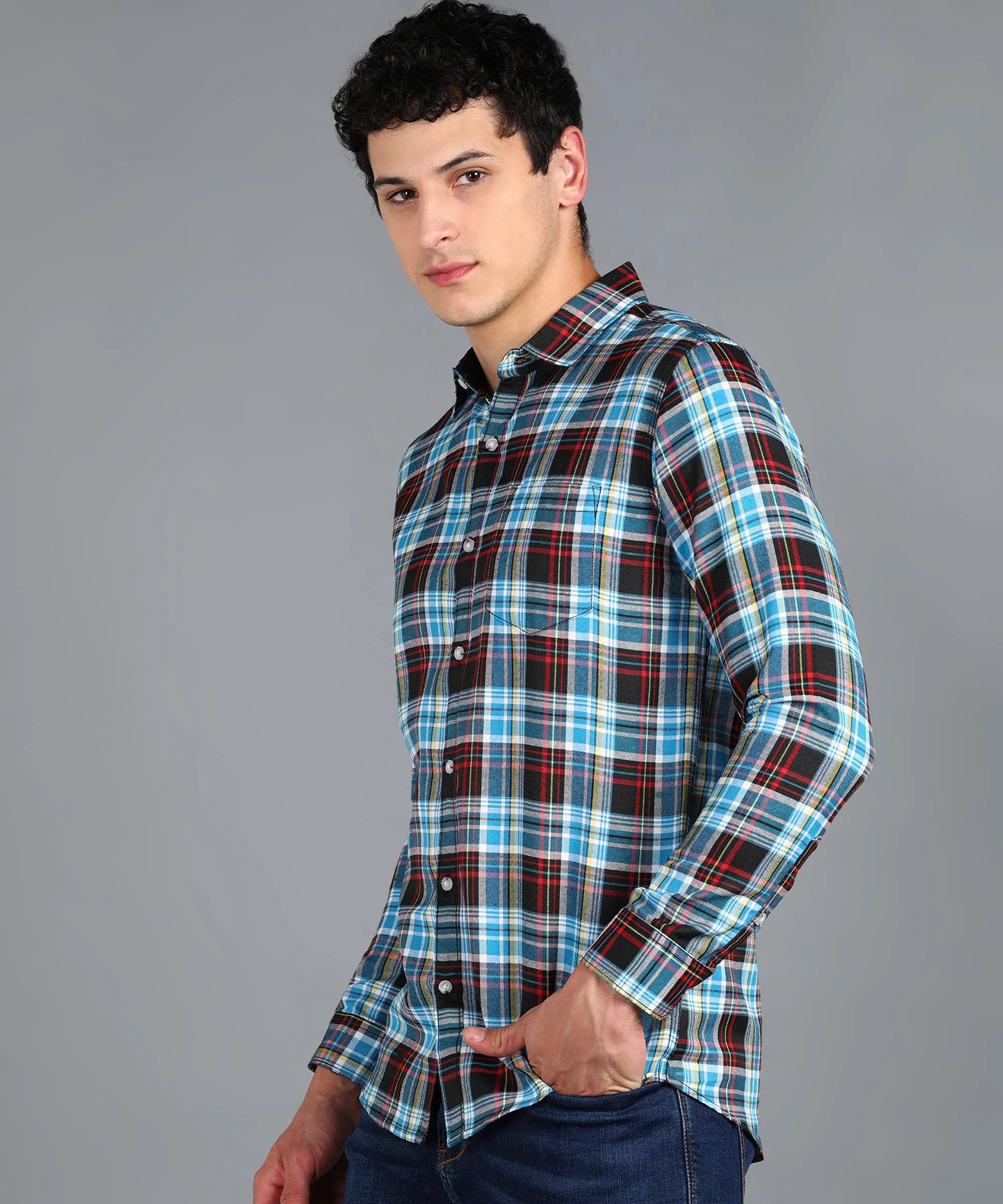 Men's Blue Cotton Full Sleeve Slim Fit Casual Checkered Shirt