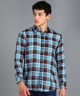 Men's Blue Cotton Full Sleeve Slim Fit Casual Checkered Shirt