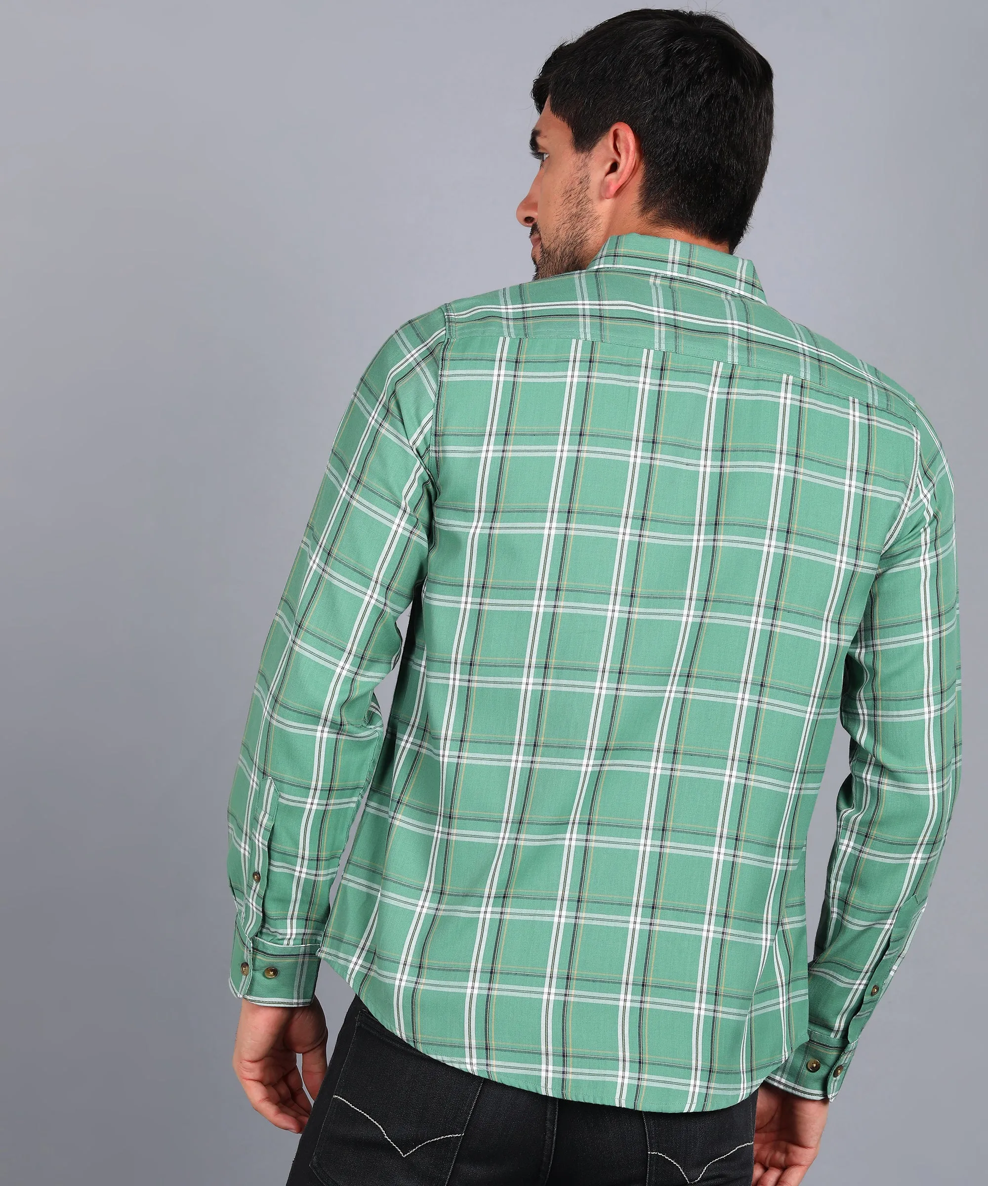 Men's Green Cotton Full Sleeve Slim Fit Casual Checkered Shirt