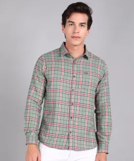 Men's Green Cotton Full Sleeve Slim Fit Casual Checkered Shirt