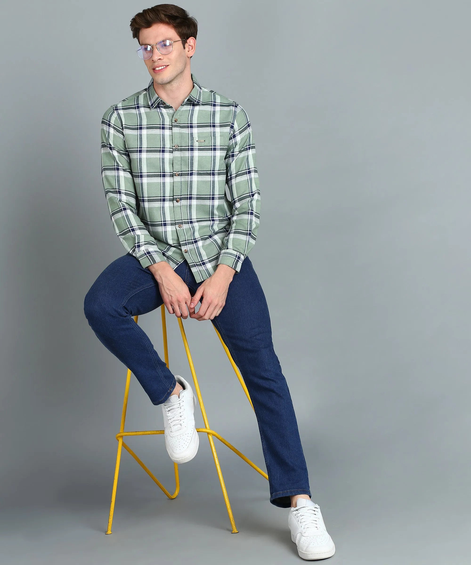 Men's Grey Cotton Full Sleeve Slim Fit Casual Checkered Shirt