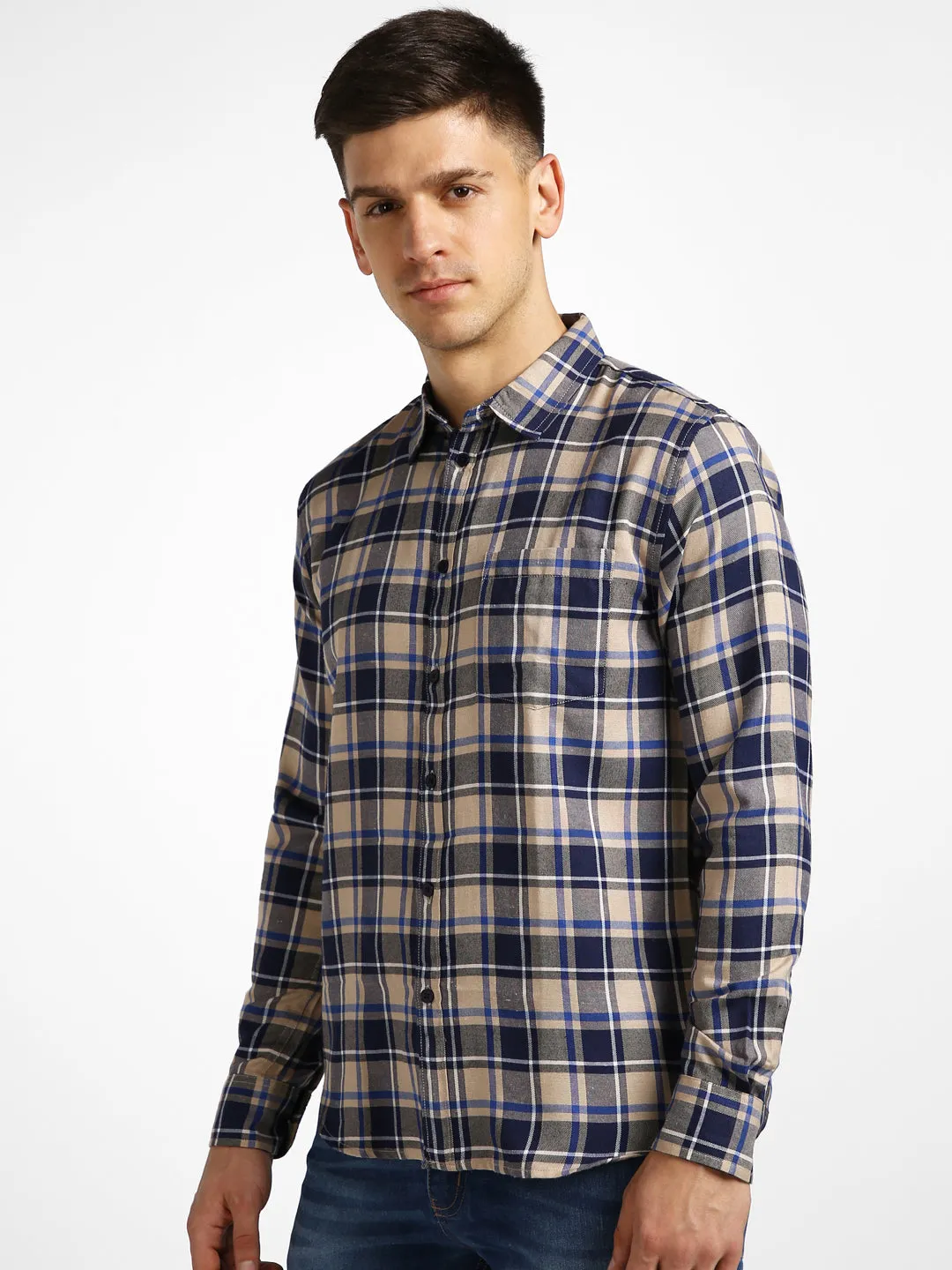 Men's Khaki Cotton Full Sleeve Slim Fit Casual Checkered Shirt