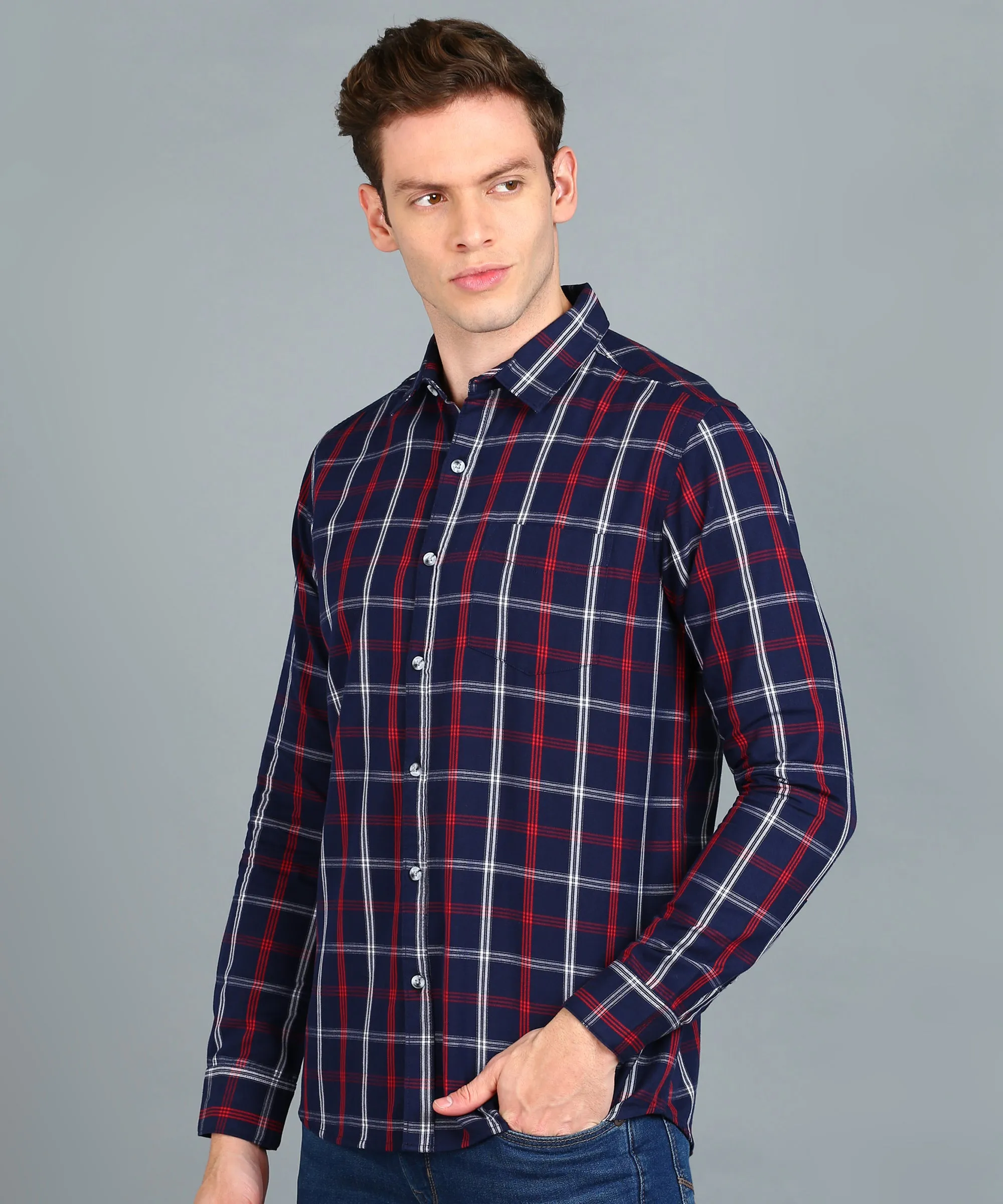 Men's Navy Blue Cotton Full Sleeve Slim Fit Casual Checkered Shirt