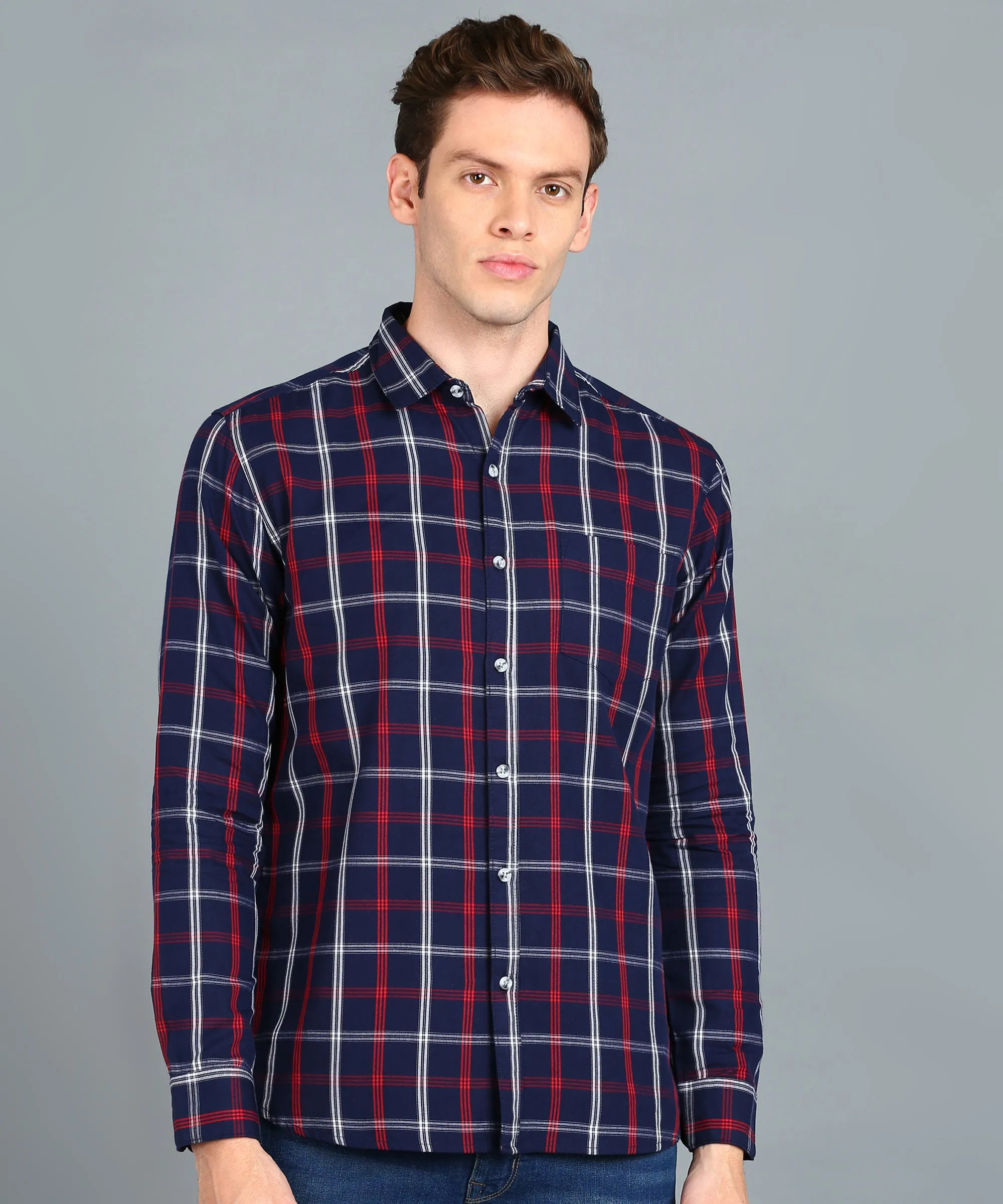 Men's Navy Blue Cotton Full Sleeve Slim Fit Casual Checkered Shirt