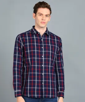 Men's Navy Blue Cotton Full Sleeve Slim Fit Casual Checkered Shirt