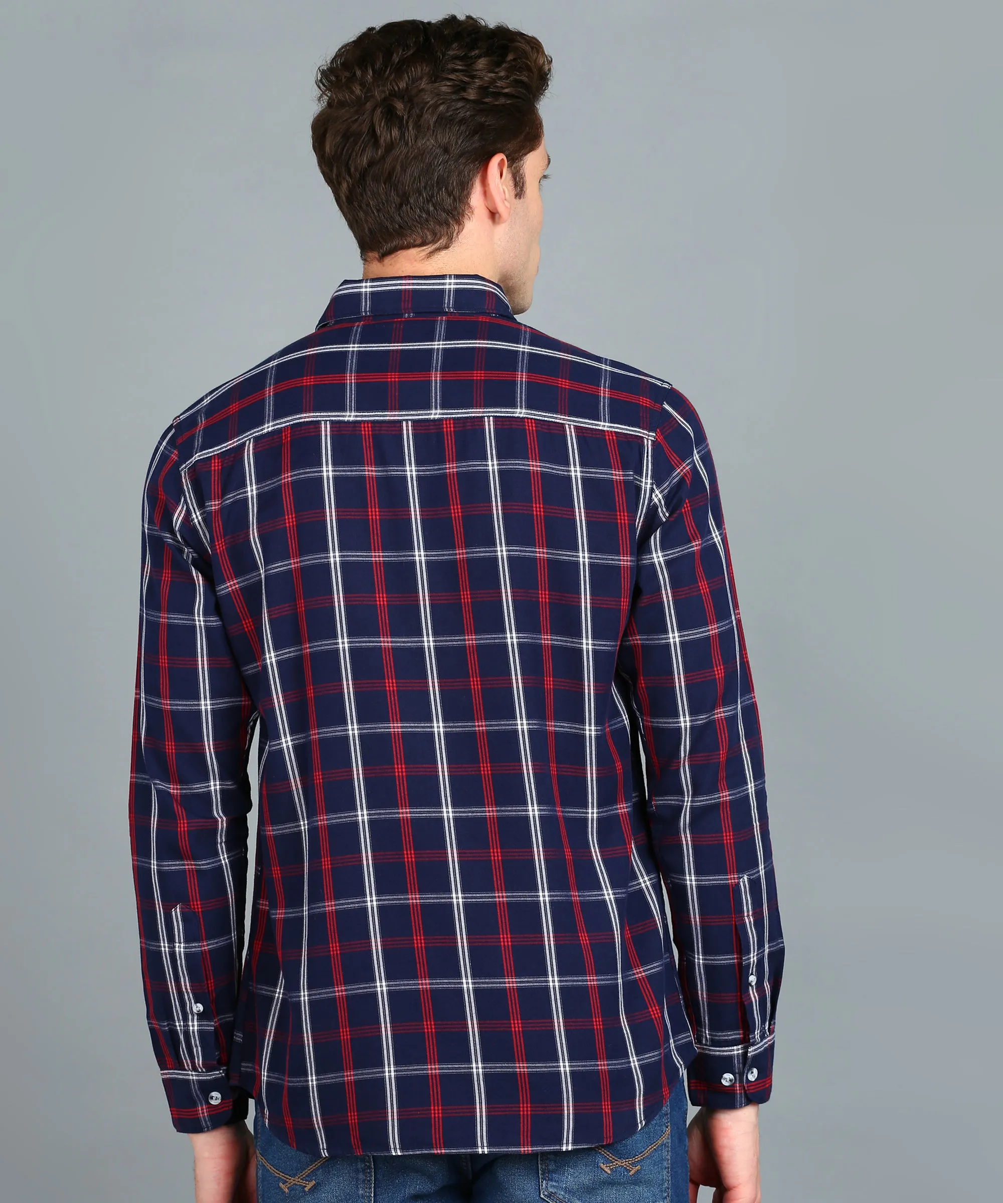 Men's Navy Blue Cotton Full Sleeve Slim Fit Casual Checkered Shirt