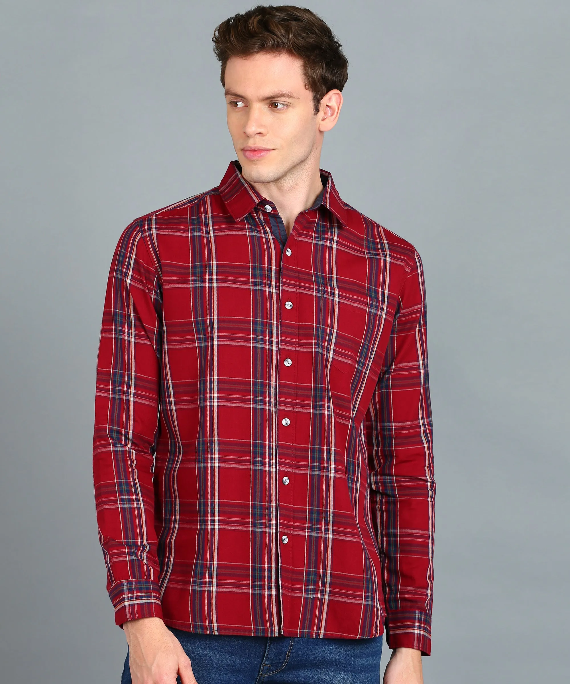 Men's Red Cotton Full Sleeve Slim Fit Casual Checkered Shirt