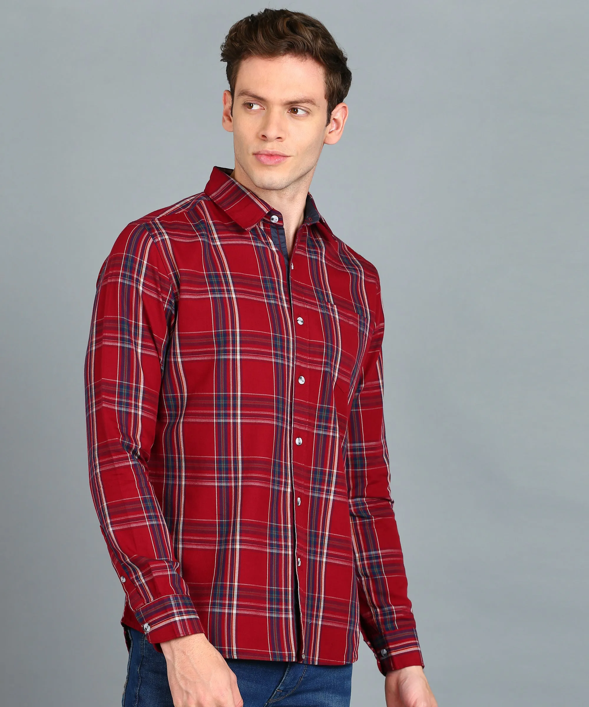 Men's Red Cotton Full Sleeve Slim Fit Casual Checkered Shirt