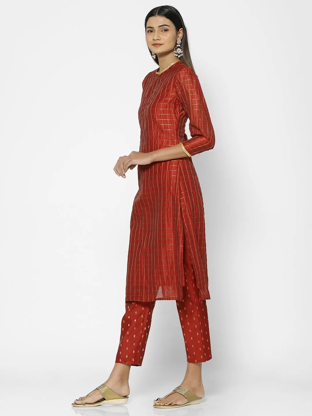 Mulla Rust & Gold Chequered Kurta