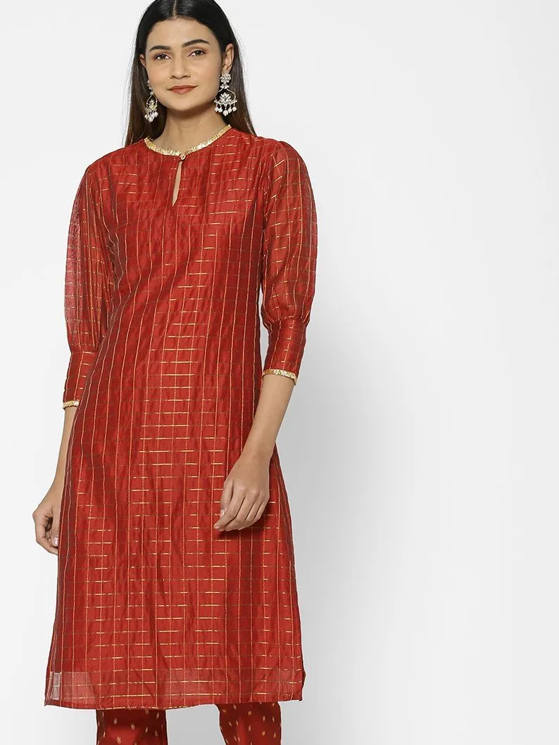 Mulla Rust & Gold Chequered Kurta