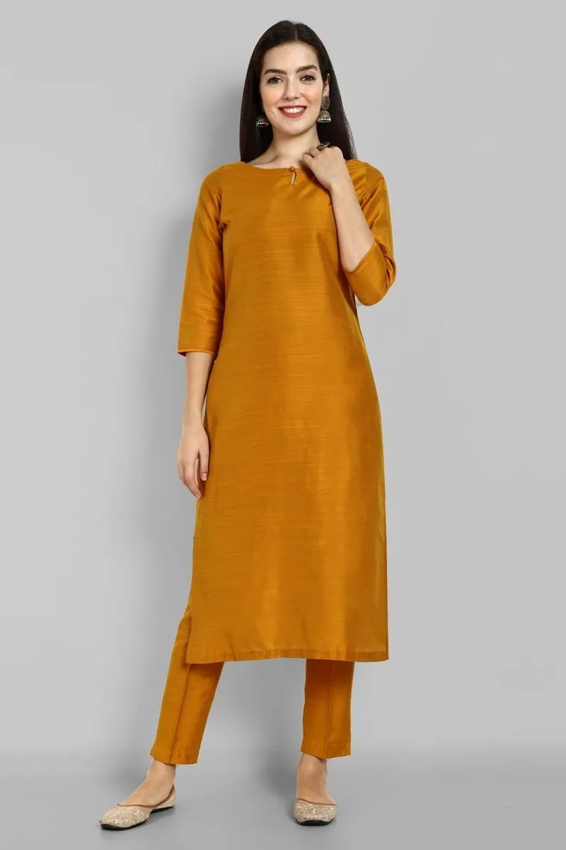 Mustard Cotton silk kurta with Elasticated pant - Set of 2