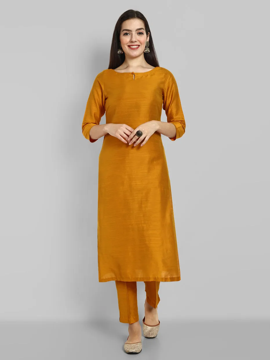 Mustard Cotton silk kurta with Elasticated pant - Set of 2