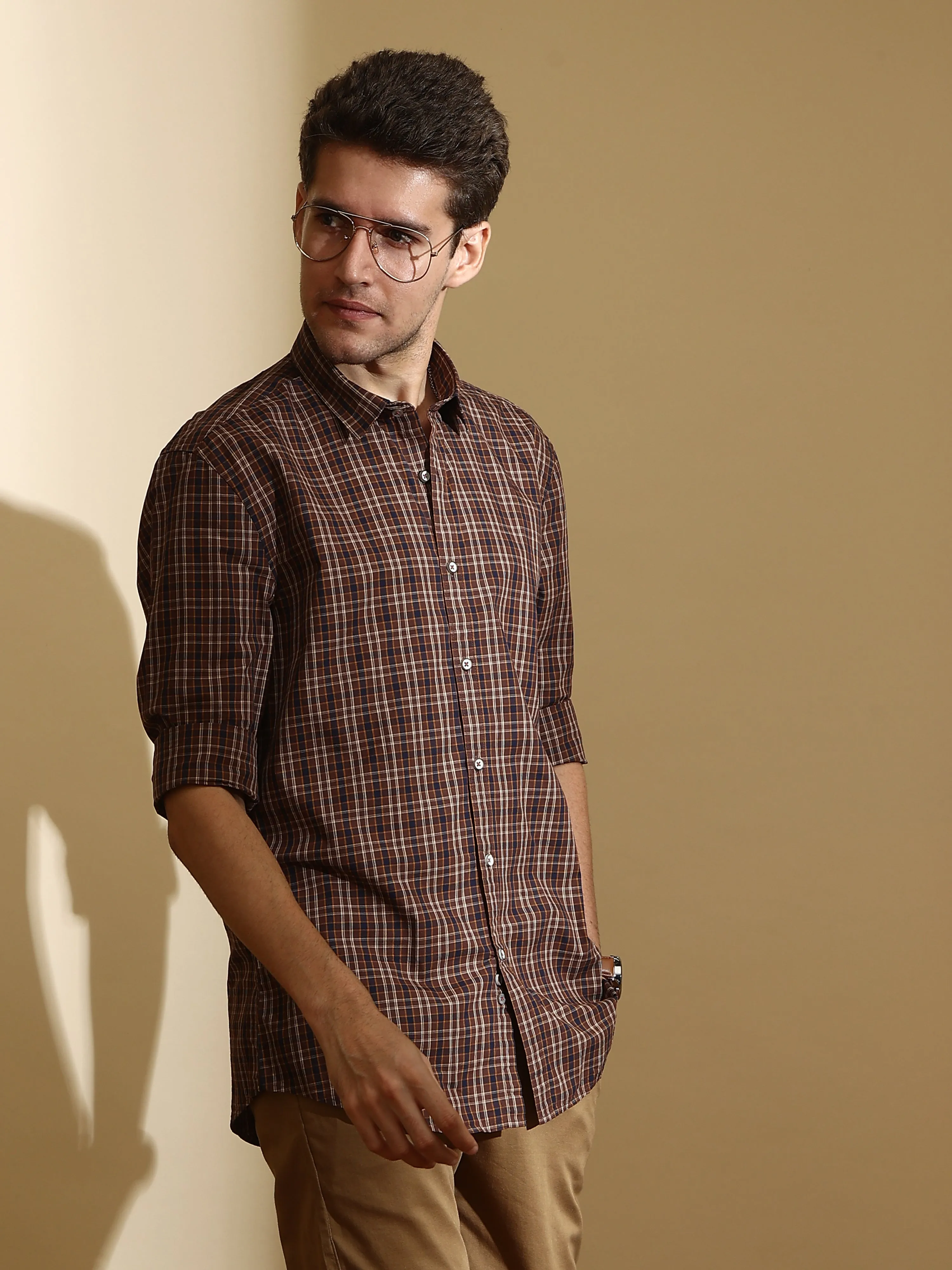 Navy Brown Check Semi Casual Shirt