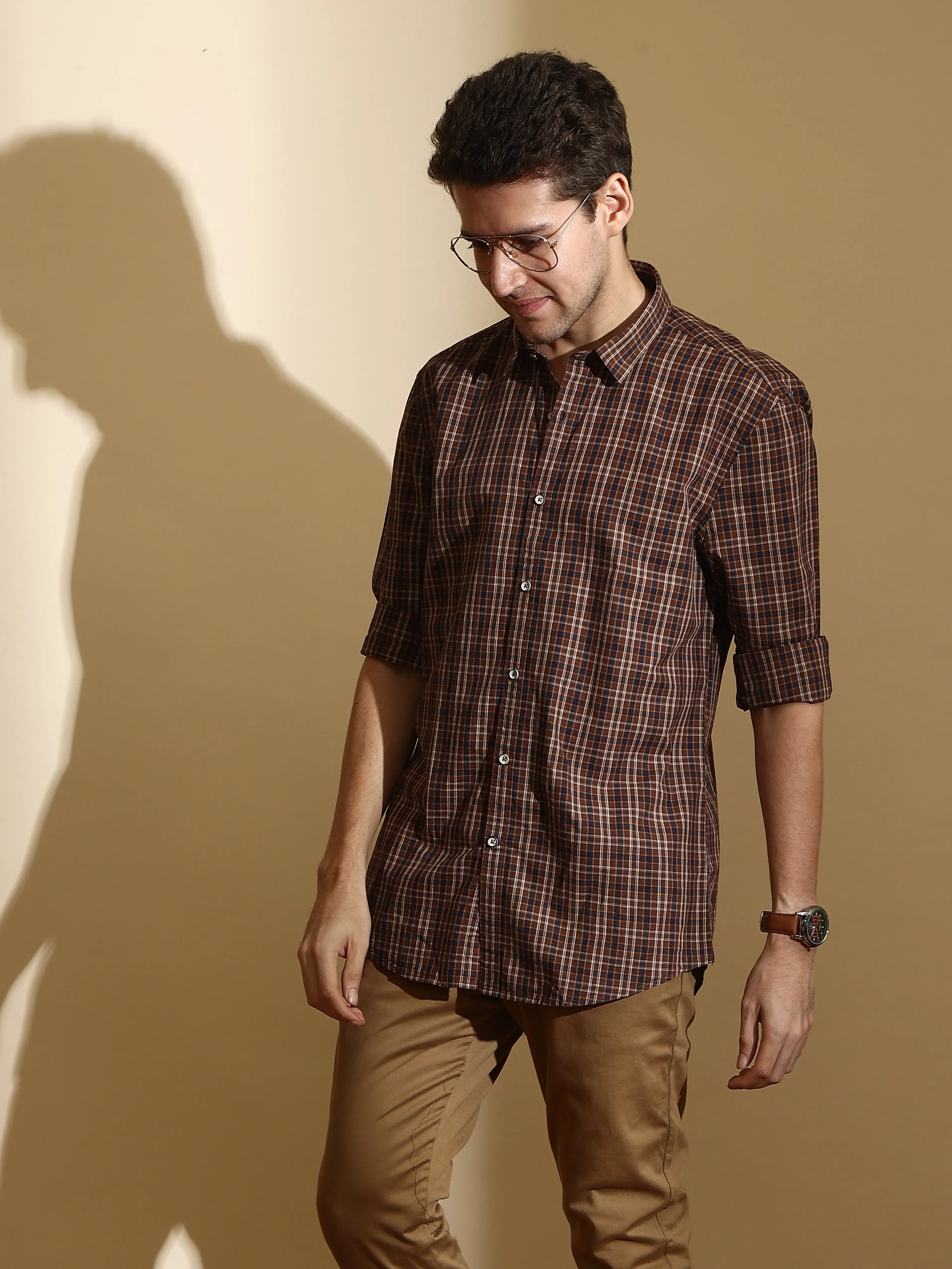 Navy Brown Check Semi Casual Shirt